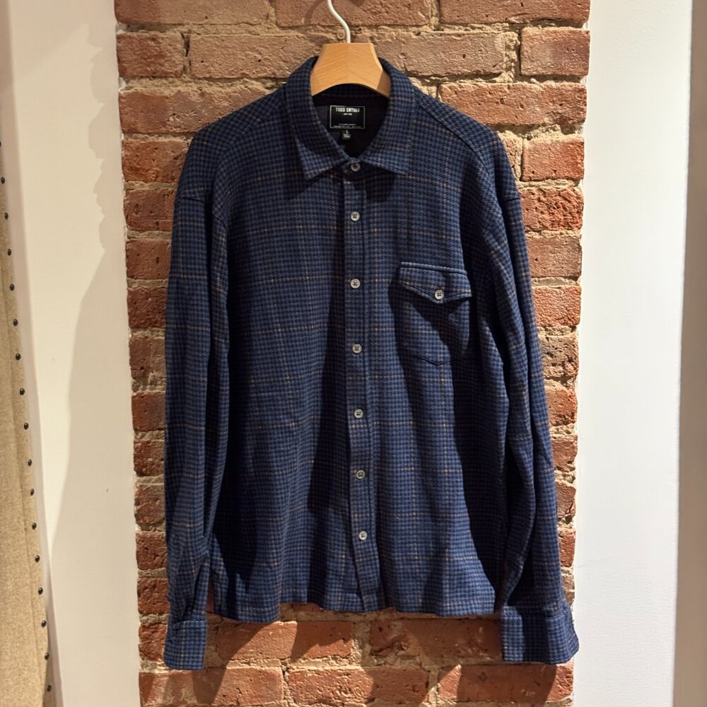 Todd Snyder Houndstooth Double Knit Shirt - Mens L - Blue Houndstooth